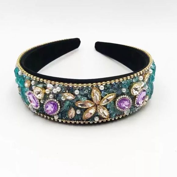 The Headband Shop Accessories - CARMEN - Spectacular Handmade Rhinestone Jewelled Headband TEAL PURPLE - GOLD